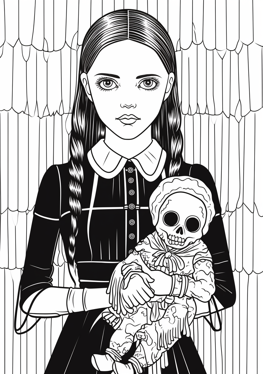 Detailed drawing of Wednesday Addams holding a spooky doll. printable coloring page, black and white, free download