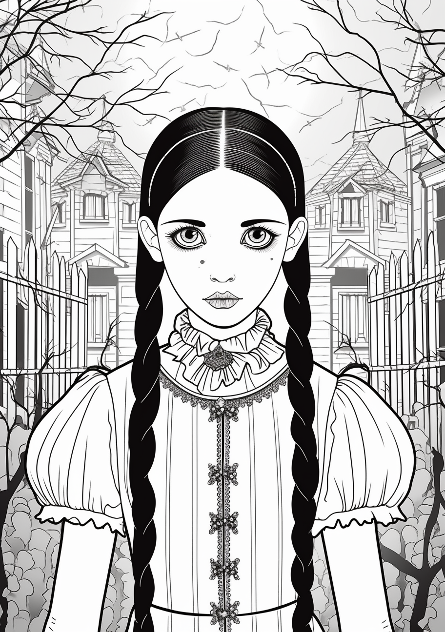 Wednesday Addams in a gothic setting with detailed backdrops and intricate patterning. printable coloring page, black and white, free download