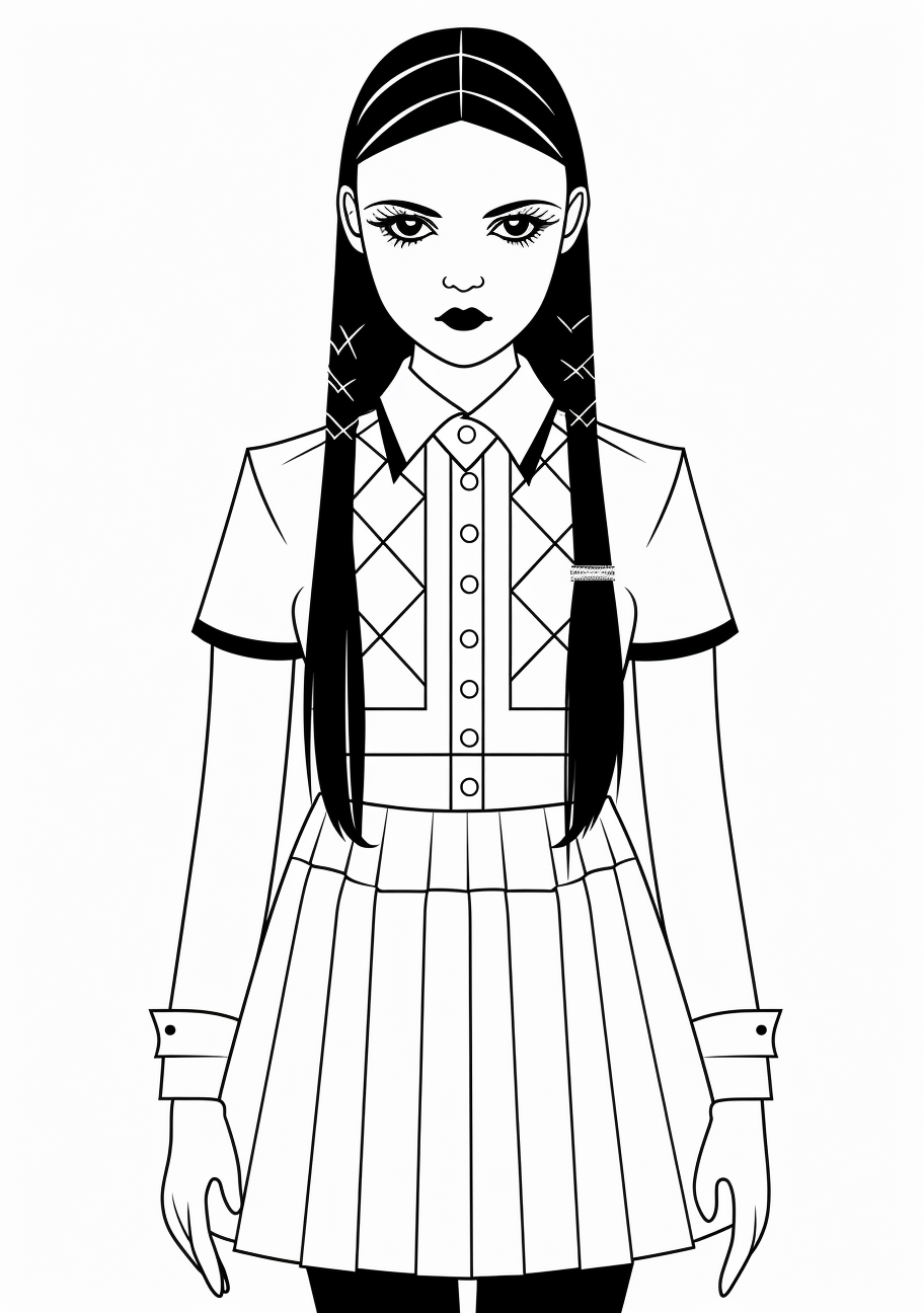 A more mature representation of Wednesday Addams; stylish attire with intricate design details. printable coloring page, black and white, free download