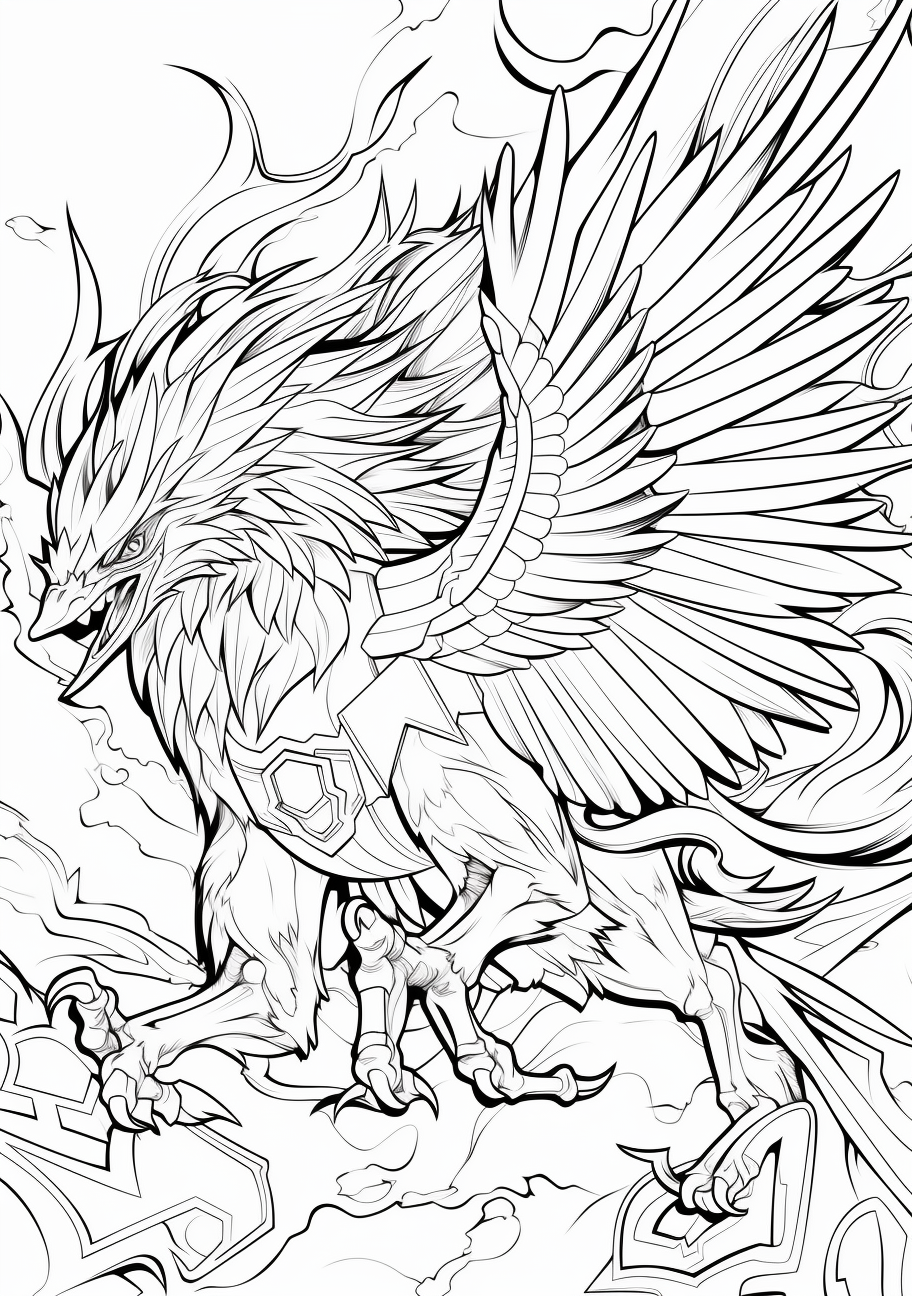 Zapdos Pokemon charging up a thunder strike; clean and simple, with hints of details. printable coloring page, black and white, free download