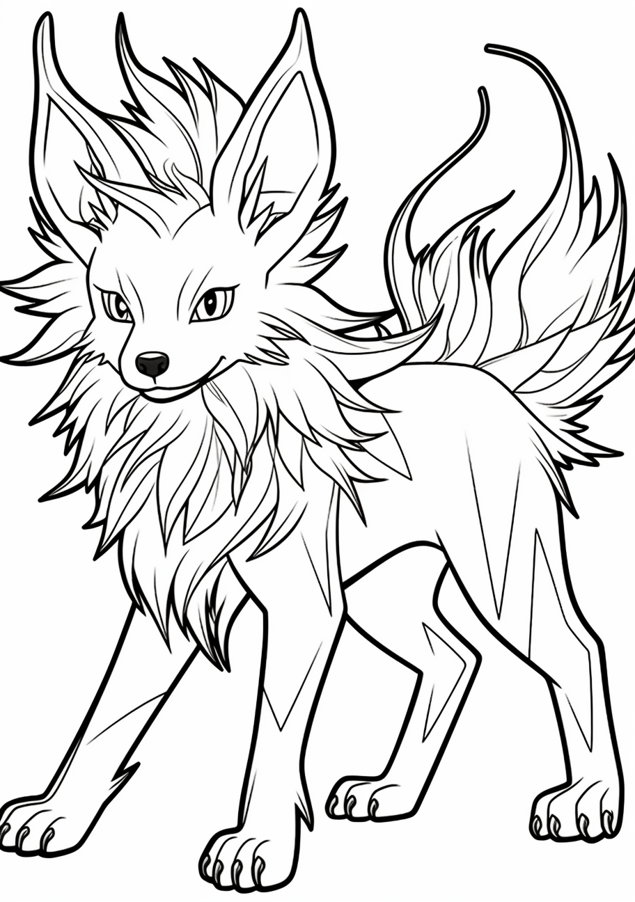 Spiky Jolteon evolved from Eevee; notable for its detailed, jagged fur-like static discharge. printable coloring page, black and white, free download