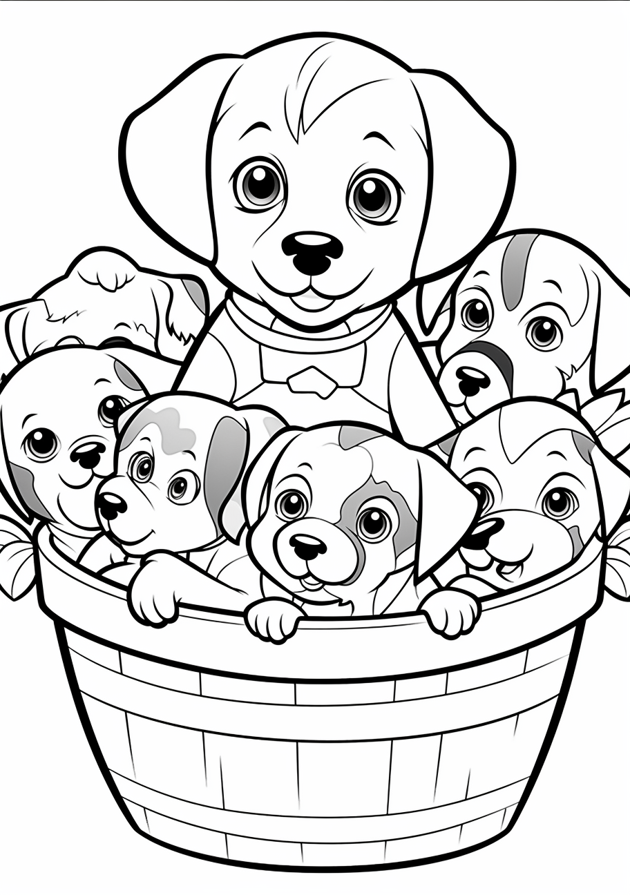 A basket full of adorable puppies; clean lines with varying expressions. printable coloring page, black and white, free download