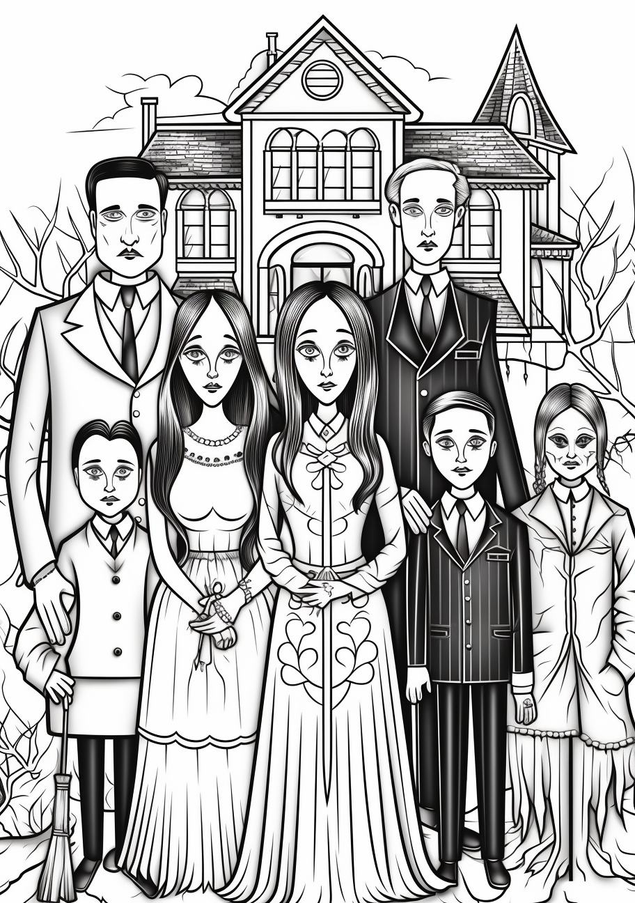 Depicts a family portrait style image of the Addams Family; Detailed illustration of Wednesday. printable coloring page, black and white, free download