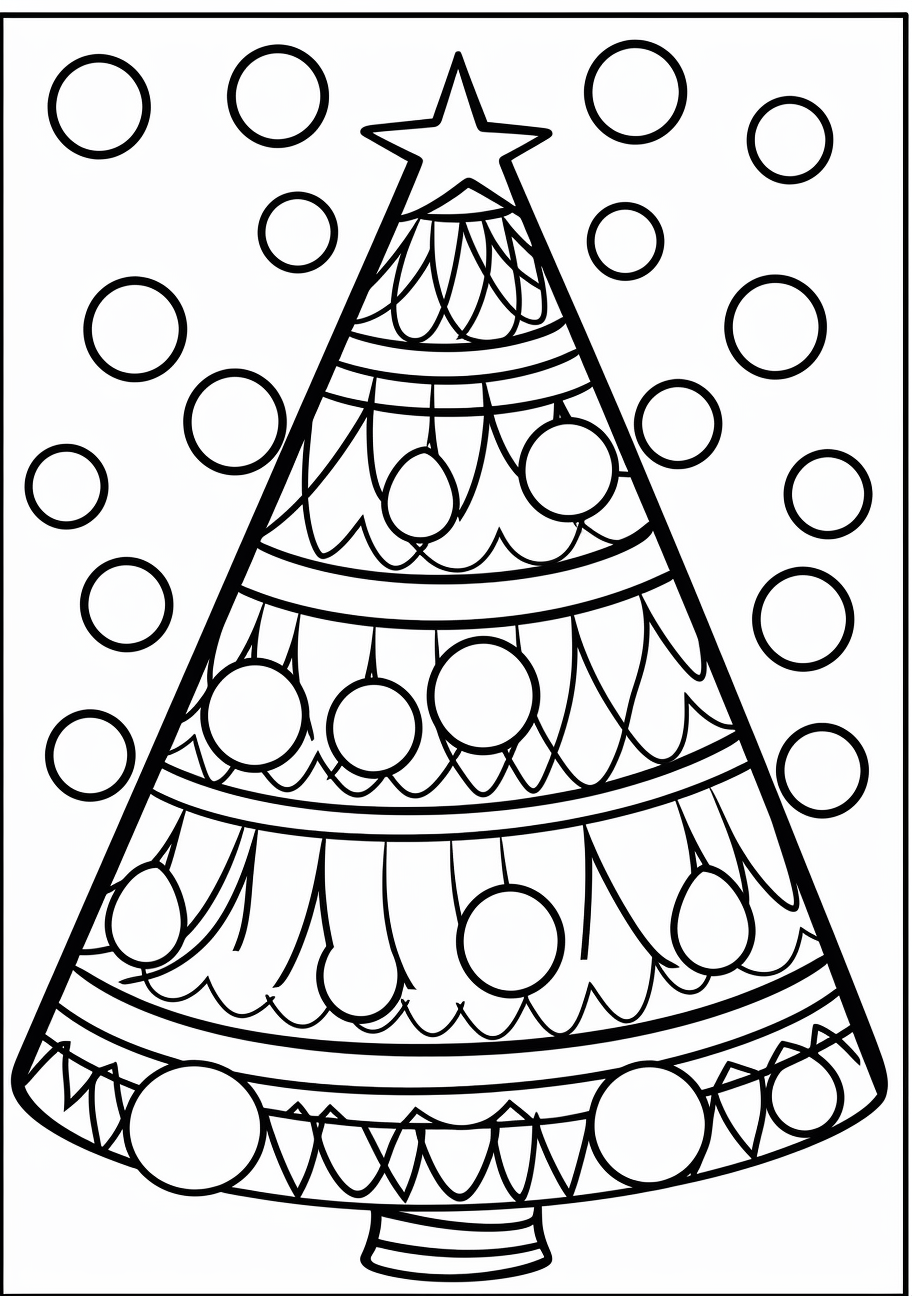 Christmas tree with bell-shaped decorations; distinctive bold lines. printable coloring page, black and white, free download