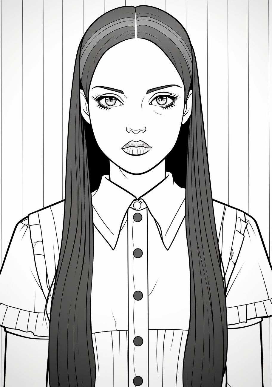 Wednesday Addams in a traditional portrait style; her expression is solemn. printable coloring page, black and white, free download