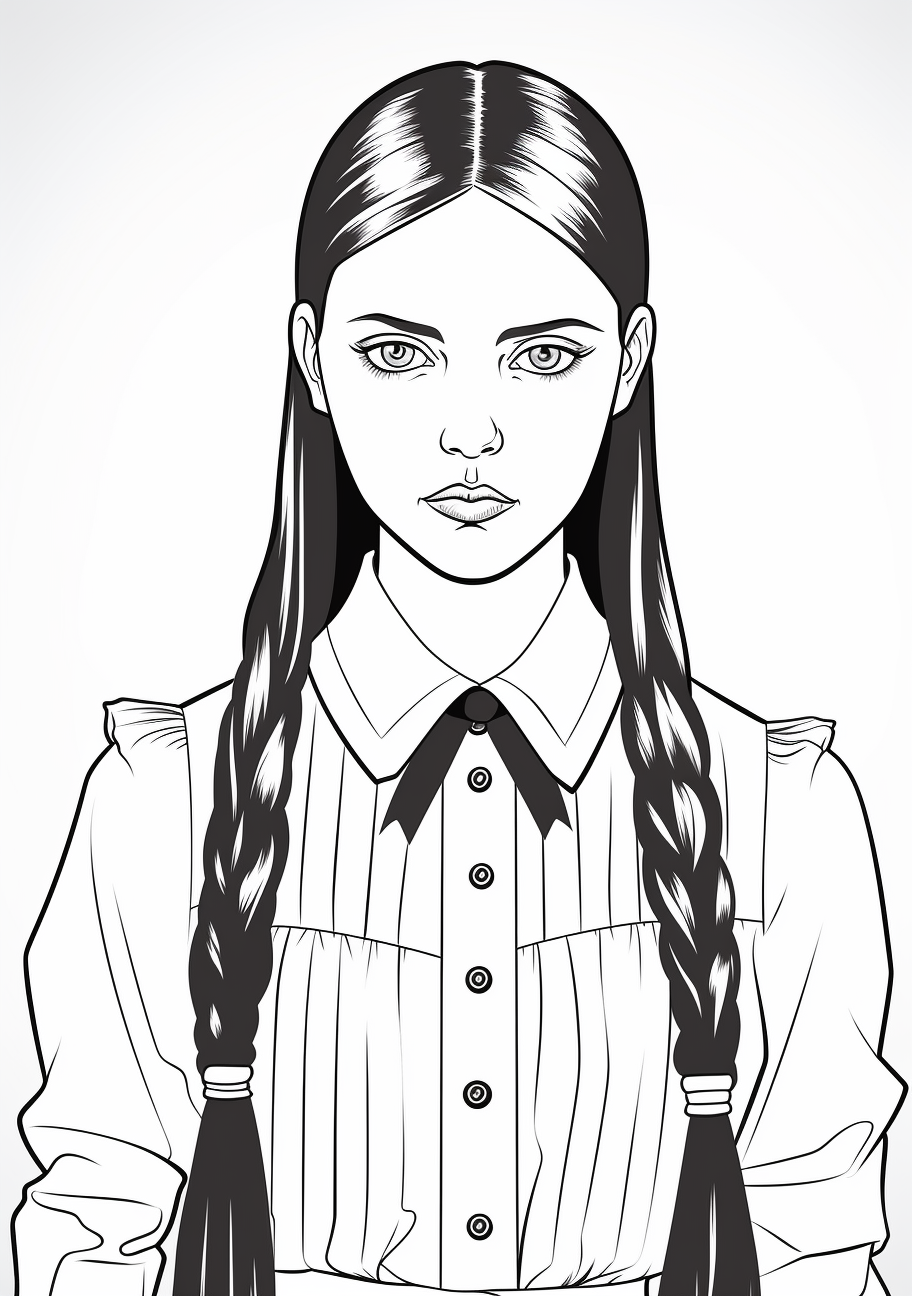 Portrait style coloring page featuring Wednesday Addams with expressive facial features; detailed, intricate lines. printable coloring page, black and white, free download