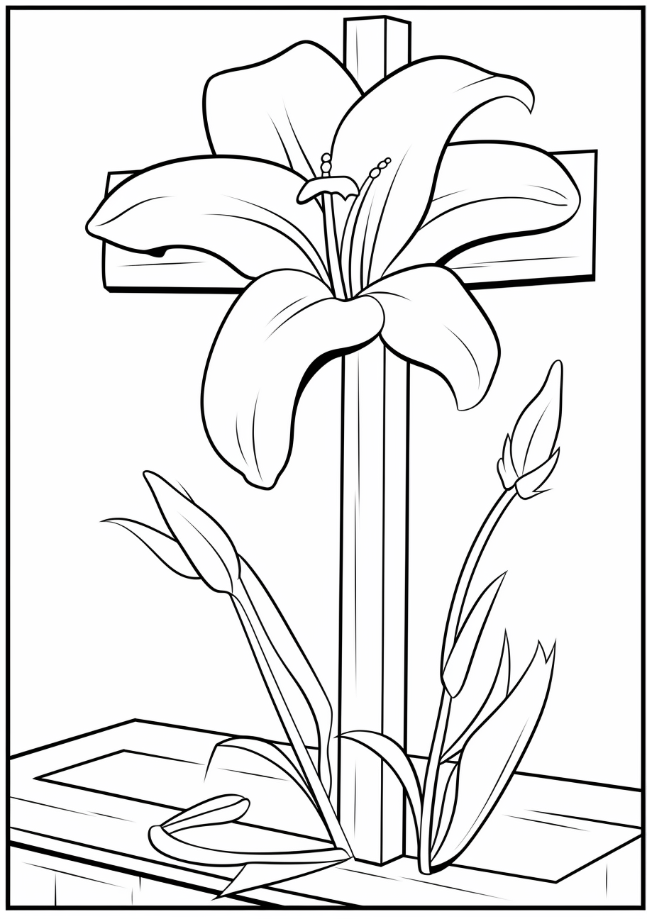 Coloring page of an Easter Lily intertwined with a cross, simple structure suitable for beginners, allows focusing on the symbolism of the objects. inspirational biblical easter coloring pages pfp for discord.