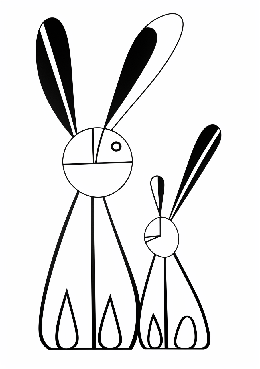 Mother bunny and her baby drawn with basic lines and shapes.printable coloring page, black and white, free download