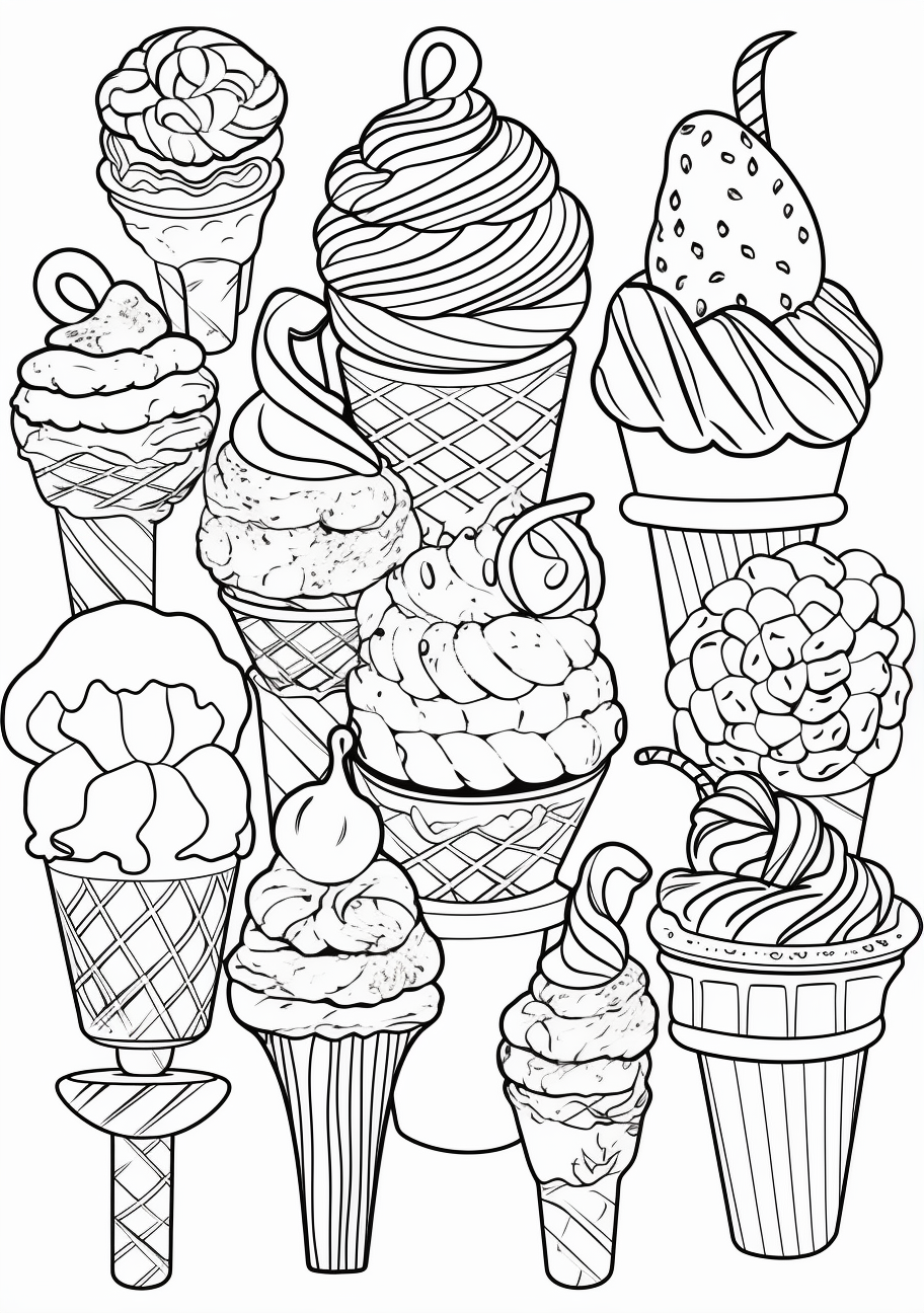Numerous ice cream scoops with distinct patterns; heavy outlines emphasizing each one.printable coloring page, black and white, free download