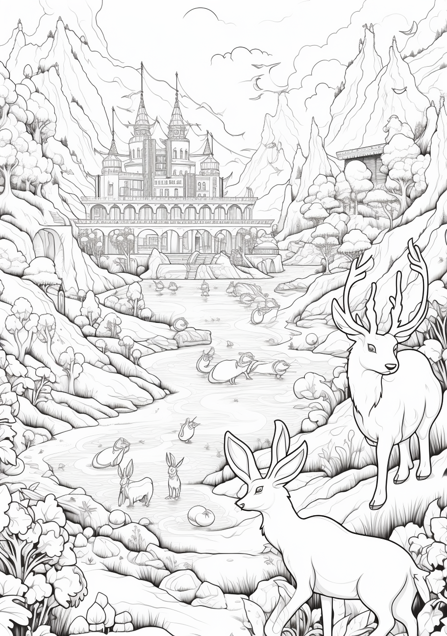 Eevee evolutions in outdoor settings; a mix of detailed Pokemon and nature elements. printable coloring page, black and white, free download