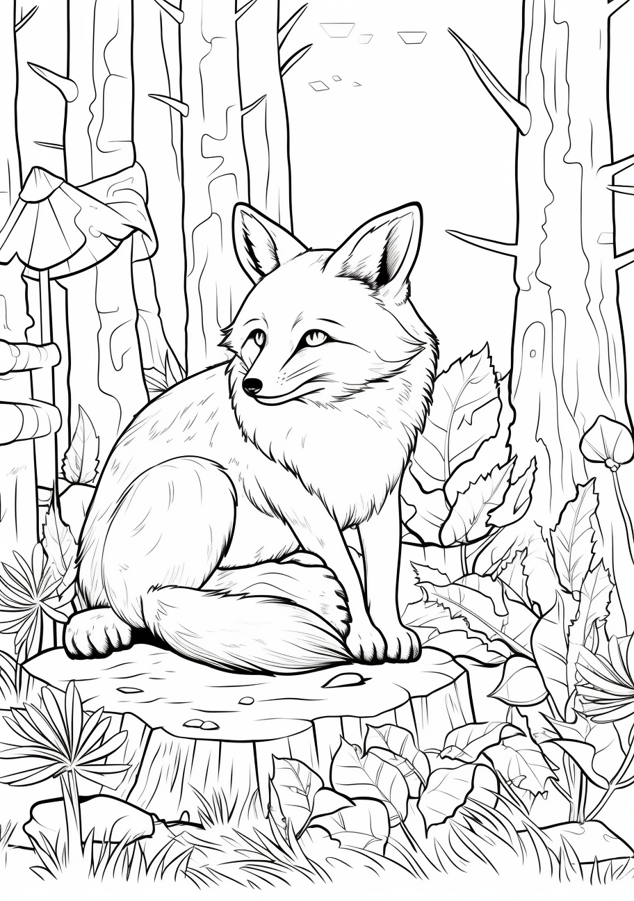 Illustration of a fox concealed within forest foliage; detailed flora and fauna.printable coloring page, black and white, free download