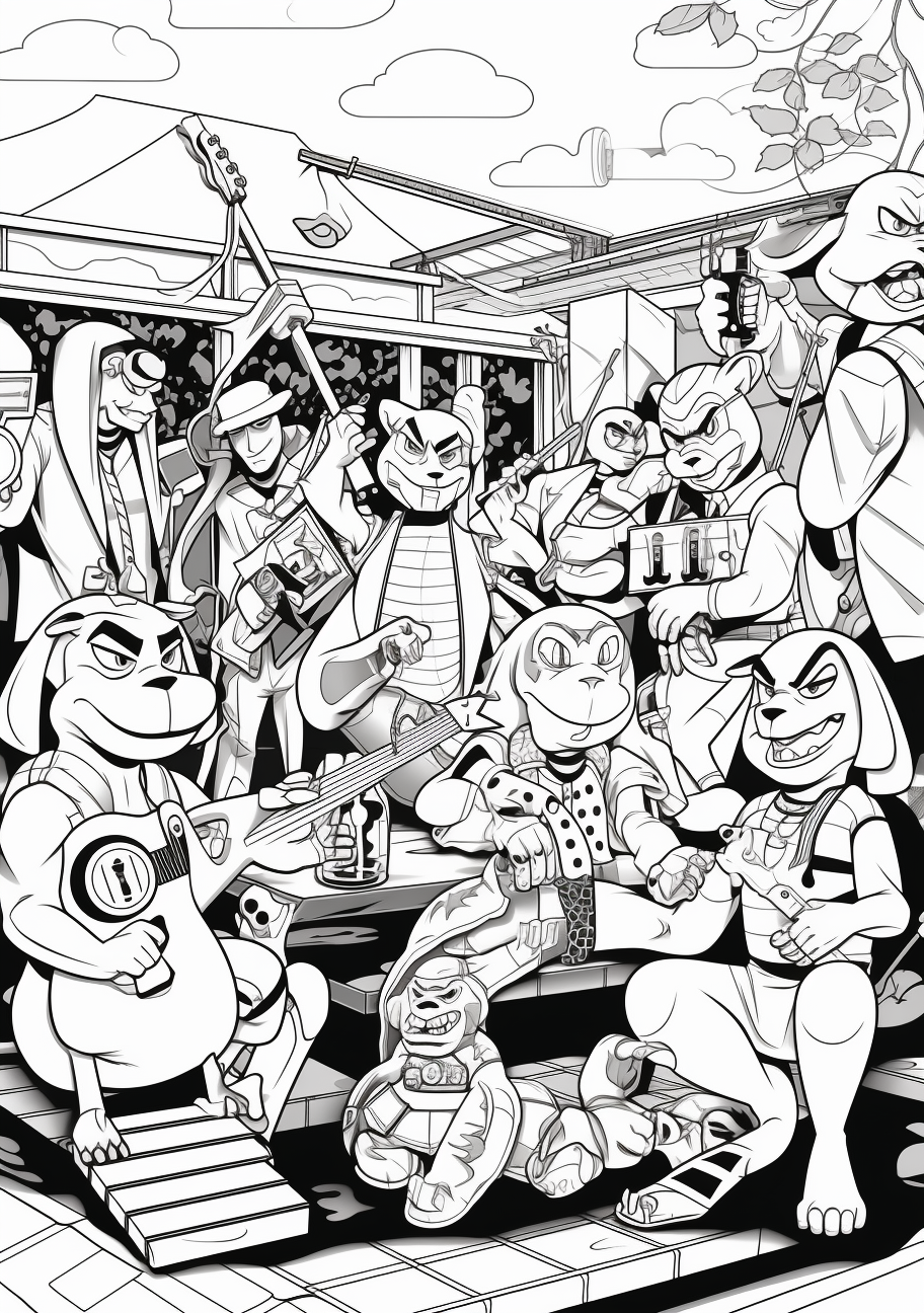 Classic Generation 1 Pokemon at a training camp, drawn with variable thick and thin line art. printable coloring page, black and white, free download