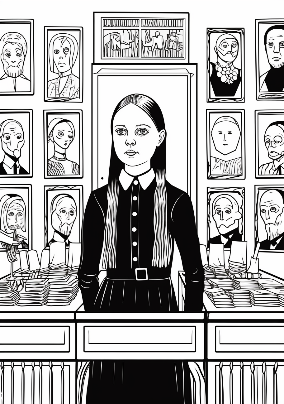 Wednesday Addams wandering in a gallery of ancestor portraits; complex frame designs. printable coloring page, black and white, free download