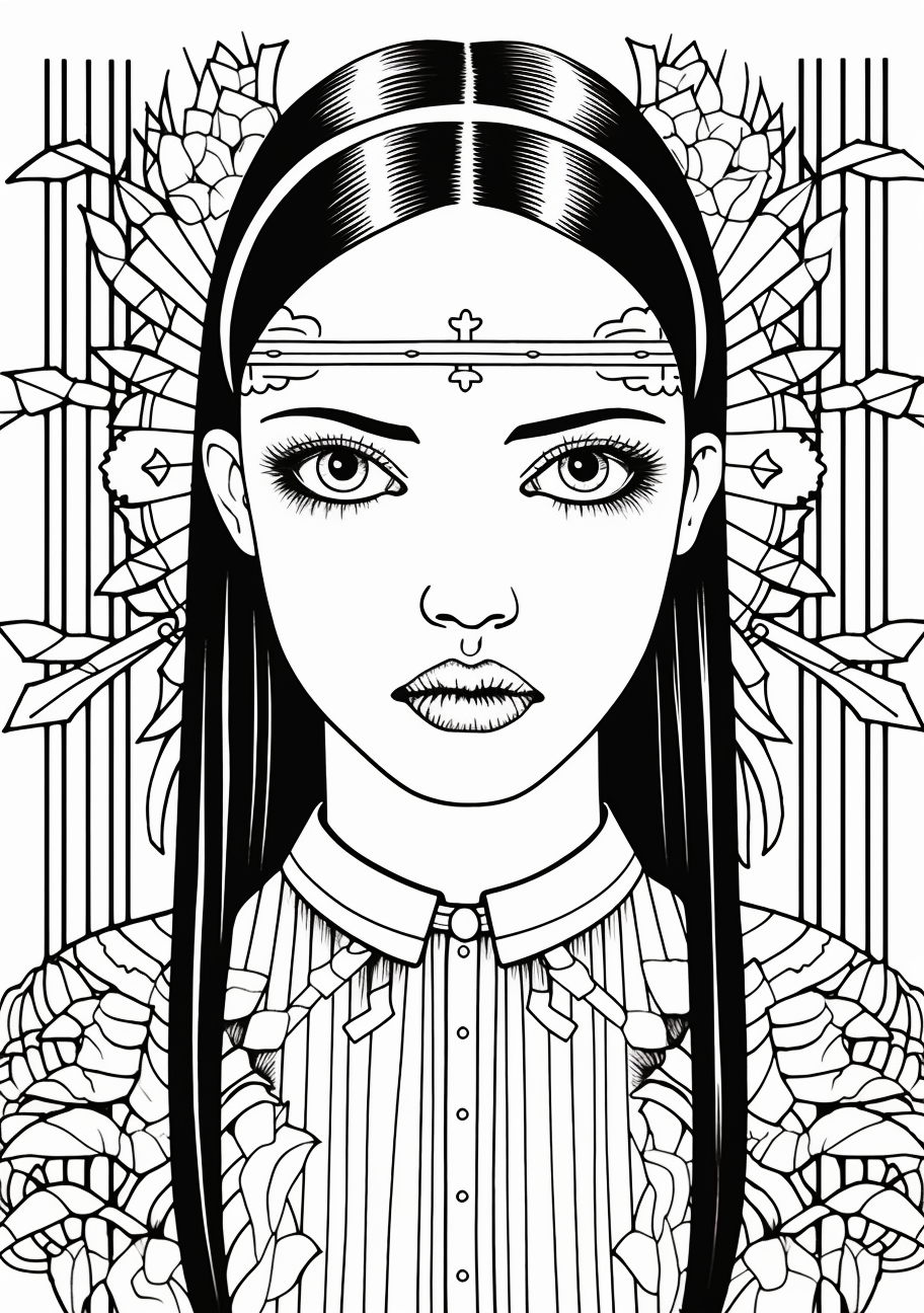 Wednesday Addams in a classic pose; moderately detailed lines. printable coloring page, black and white, free download