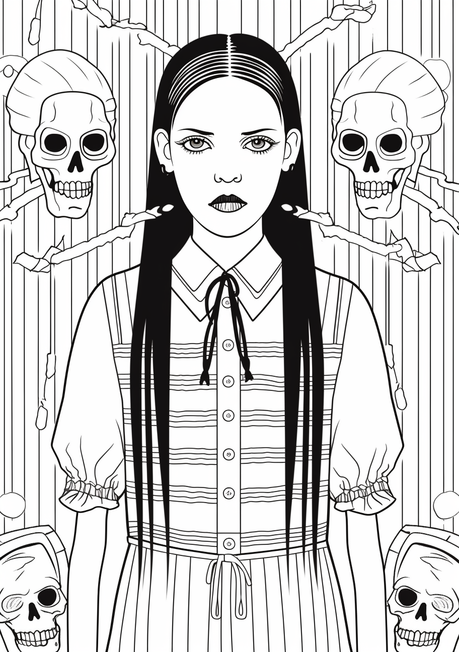 Detailed view of Wednesday Addams' modern, edgy attire; intricate patterns. printable coloring page, black and white, free download