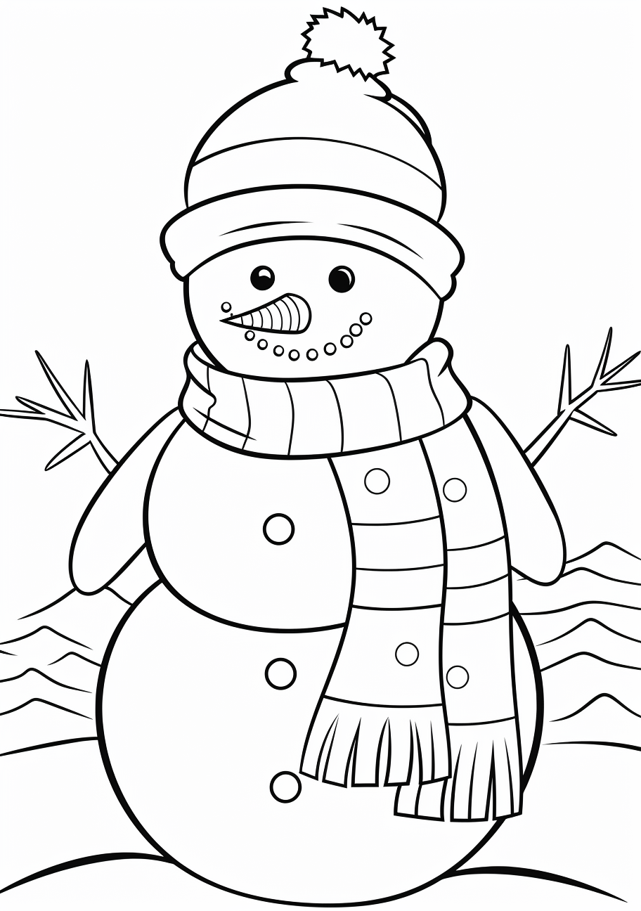 Festive snowman dressed in a Santa Claus costume; simple lines and intricate patterns.printable coloring page, black and white, free download