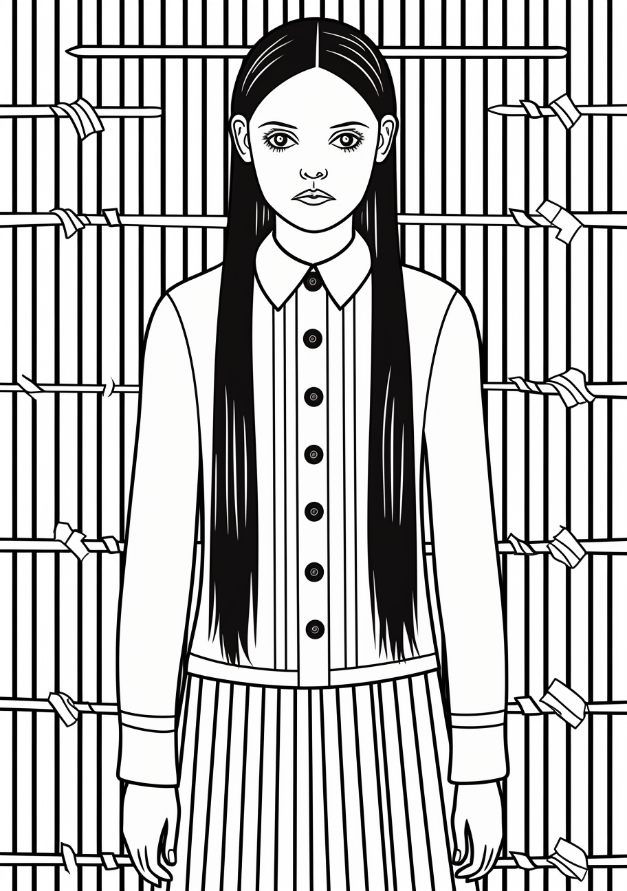 Image of Wednesday Addams with a haunted house in the back; detail on outlines and contrasting elements. printable coloring page, black and white, free download