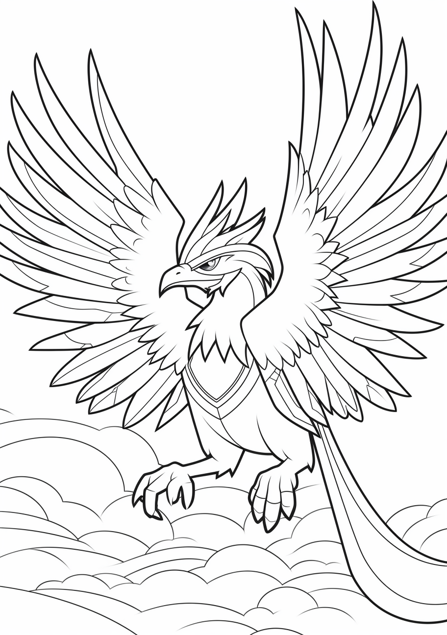 Ho-Oh in flight, depicted symmetrically, wings outstretched; delicate lines, and forms. printable coloring page, black and white, free download