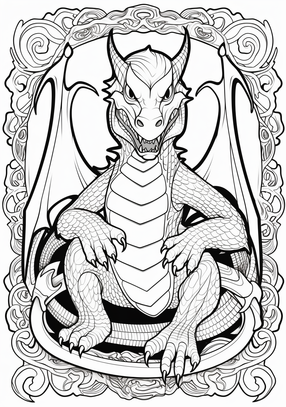 Artistically rendered depiction of Charizard; showcasing complex lines and detailed pattern work. printable coloring page, black and white, free download