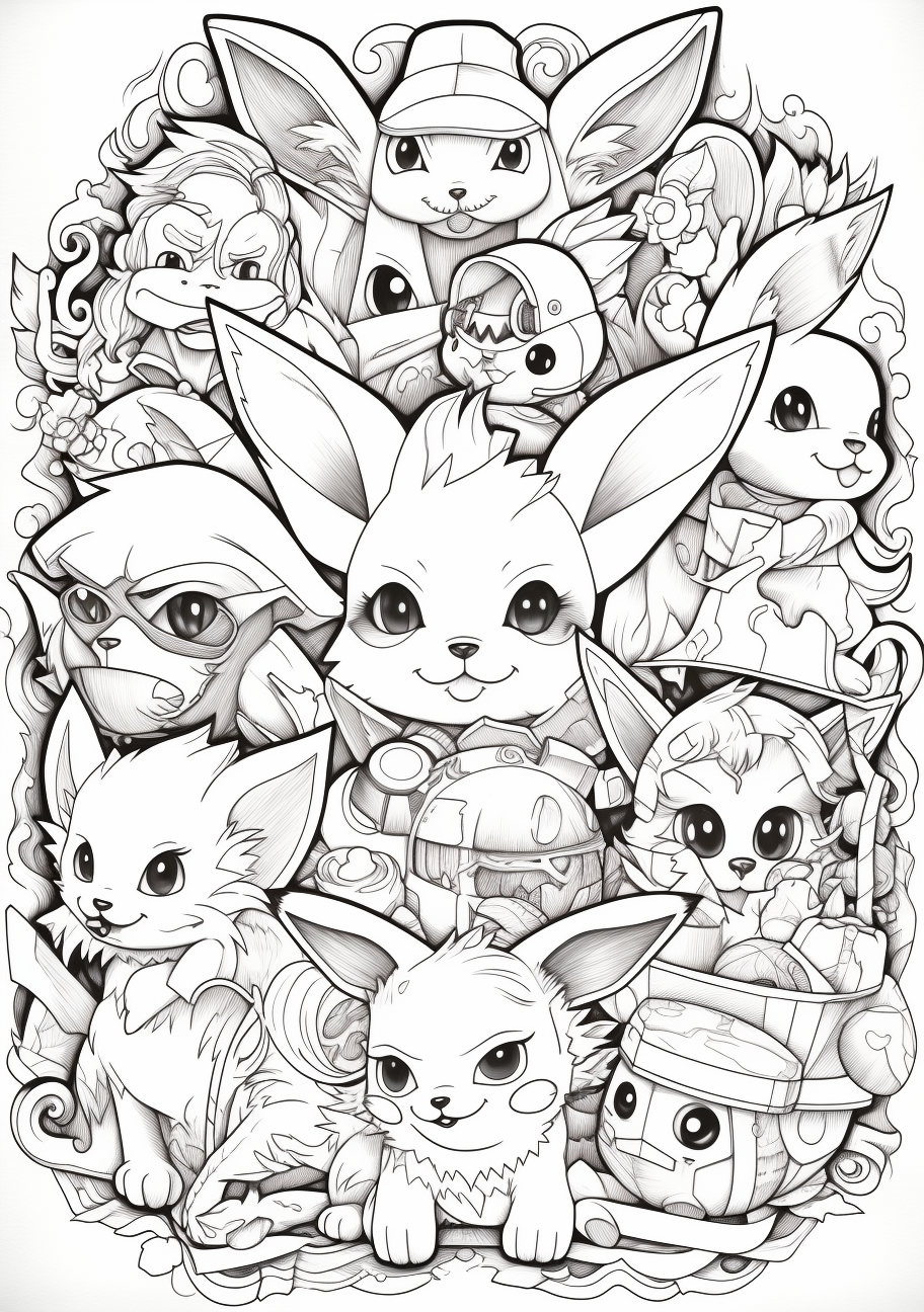 Depicting Pikachu along with other Pokemon characters; clear outlines and individualized details. printable coloring page, black and white, free download