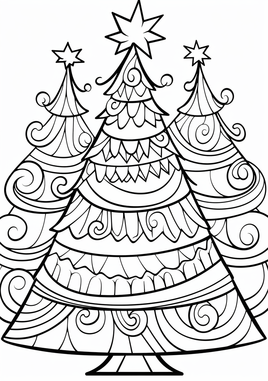 Christmas tree adorned with hanging bells; simple lines and moderate details. printable coloring page, black and white, free download