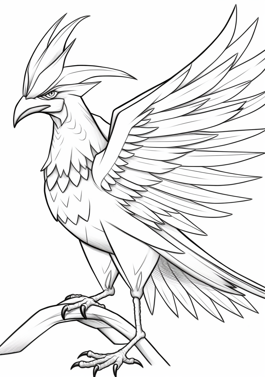 Sketch of Articuno, a legendary Pokemon, with detailed feather lines and a majestic pose. printable coloring page, black and white, free download