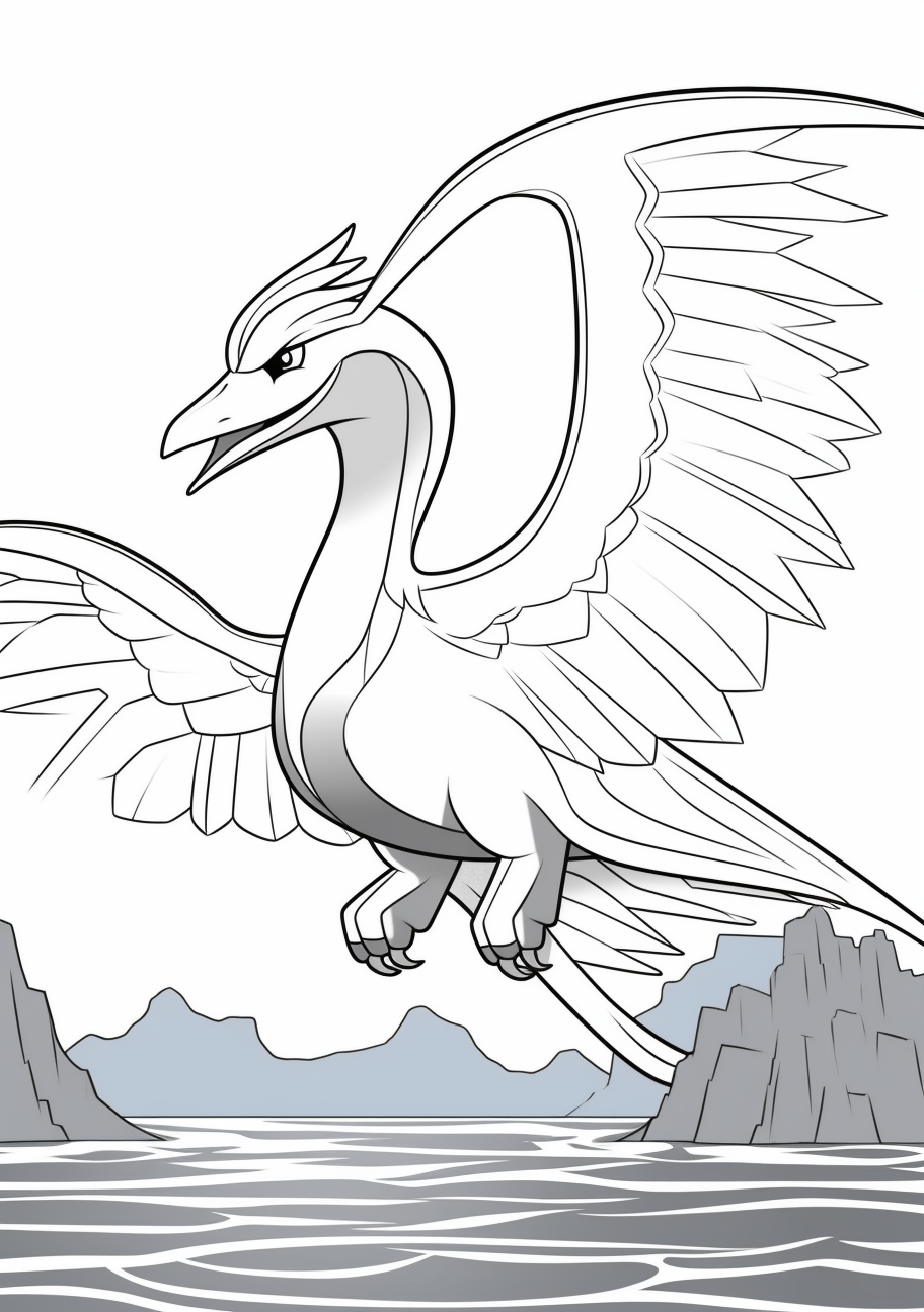 Bold portrayal of Lugia, presenting its distinctive wings and long neck; simple clear lines. printable coloring page, black and white, free download
