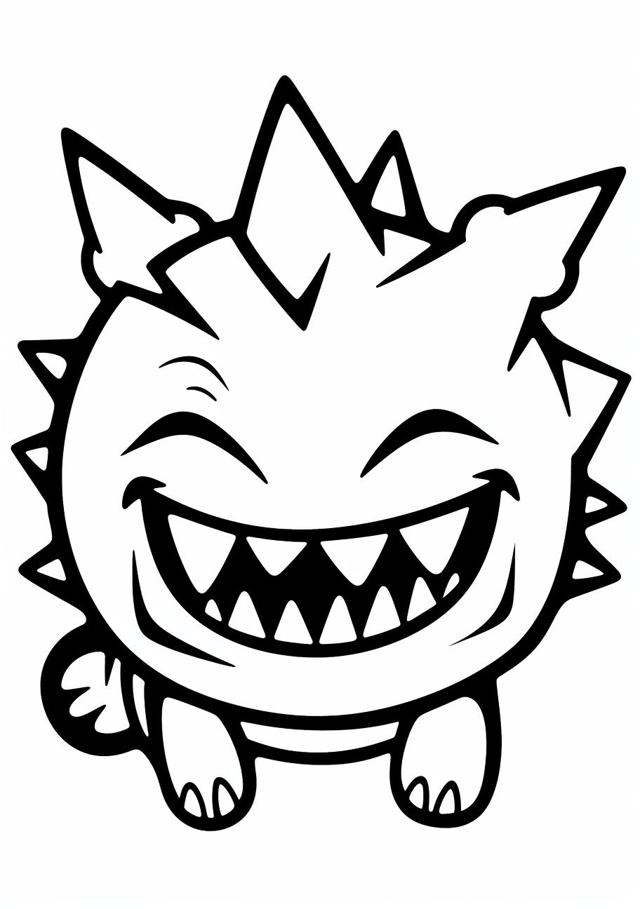 Side profile of a Gengar; structured with less complexity for beginner artists. printable coloring page, black and white, free download