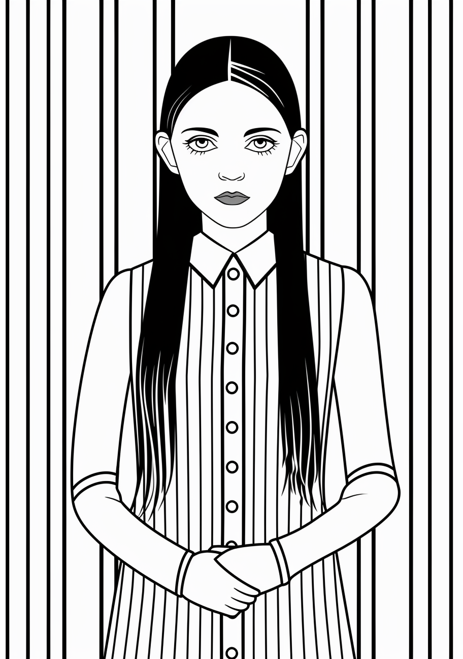 Image of Wednesday Addams with a striped background; bold contrast and alignment. printable coloring page, black and white, free download