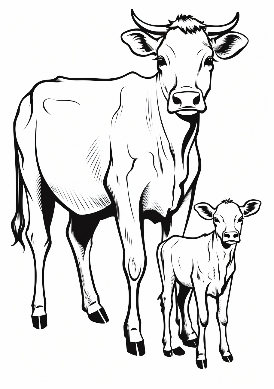 Depicts a mother cow and her calf interacting, the calf sitting by the mother's side.printable coloring page, black and white, free download