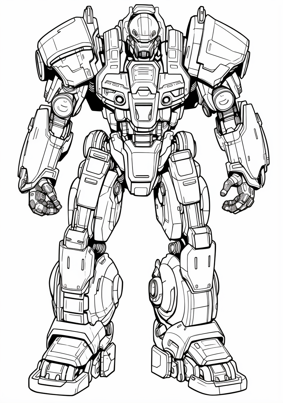 Anime mech suit in a futuristic design; intricate details and complex linear patterns.