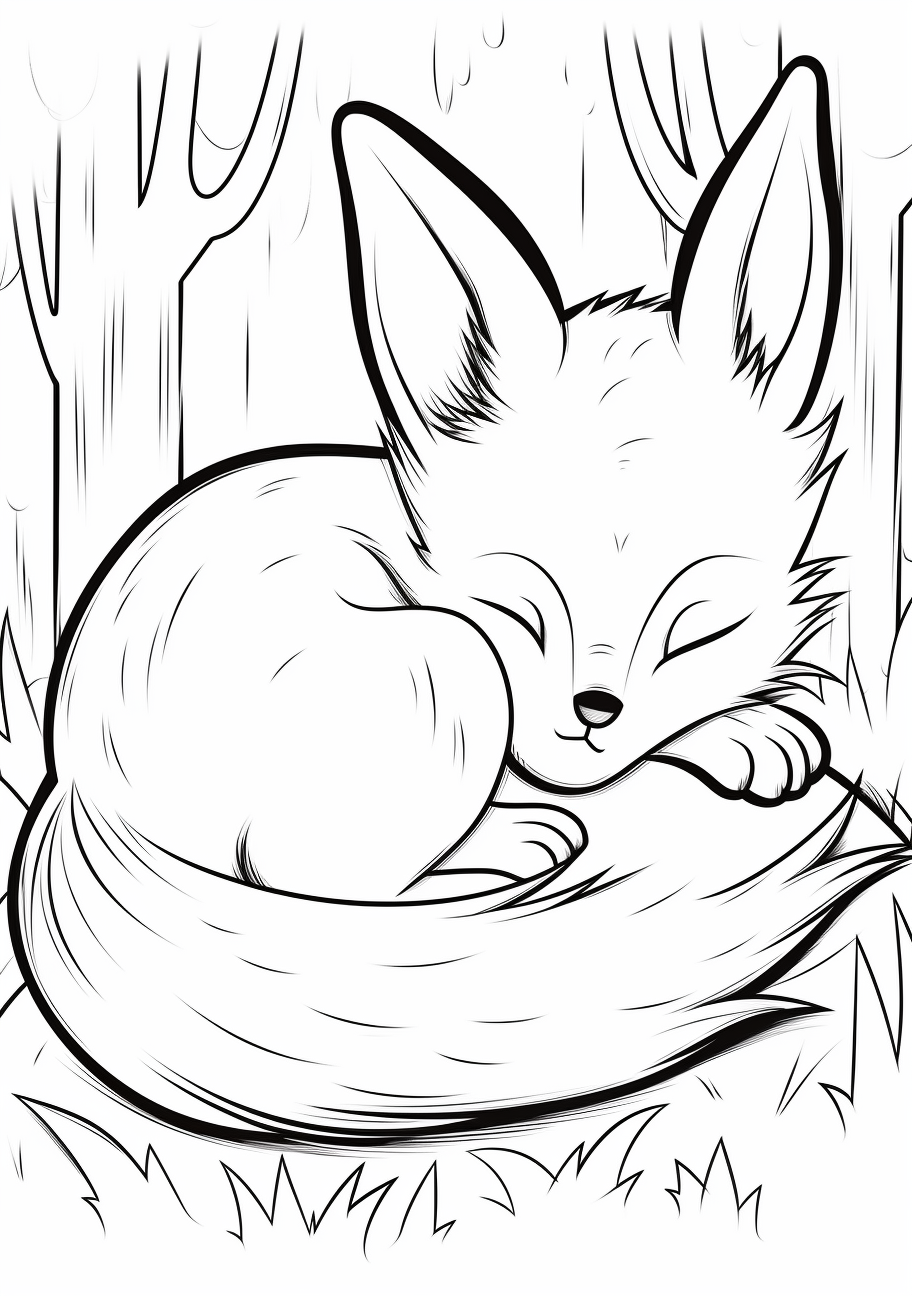 Eevee resting with eyes closed; bold outlines with moderate details. printable coloring page, black and white, free download