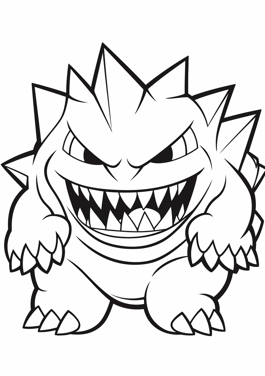Lively Mega Gengar captured with detailed forms and minimal shading. printable coloring page, black and white, free download