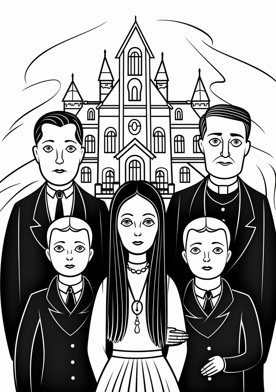 Featuring Wednesday and the entire Addams family; has a detailed artistic style with elaborate backgrounds. printable coloring page, black and white, free download