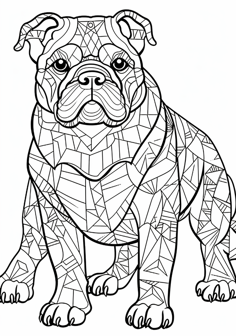 Bulldog silhouette filled with intricate geometric patterns printable coloring page, black and white, free download