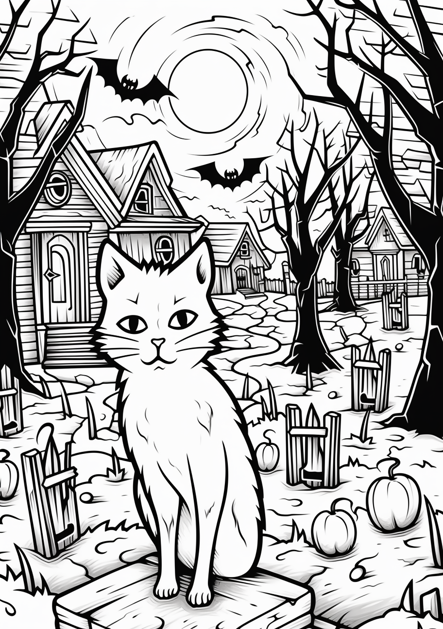Eerie Halloween twilight image with flickering lanterns, witches, and bats; bold outlines with moderate details.printable coloring page, black and white, free download