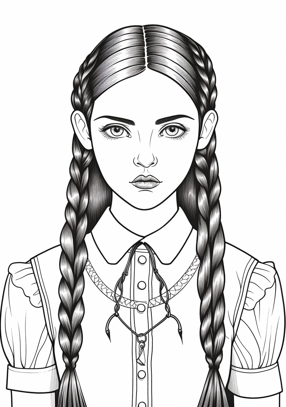 Portrayal of Wednesday Addams, highlighting her braids and bows; clean lines and detailed bows. printable coloring page, black and white, free download