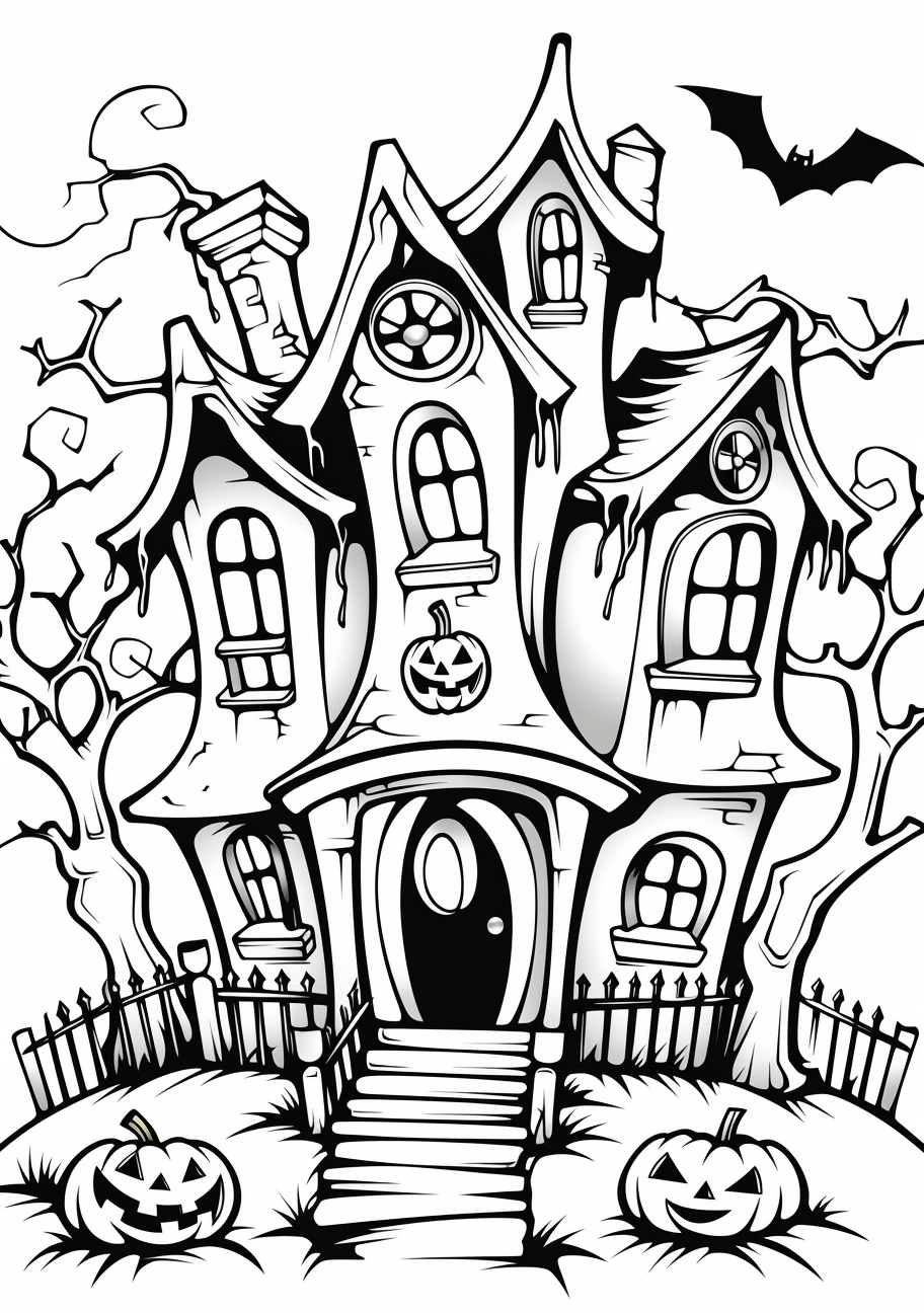 Detailed drawing of a spooky haunted house; intricate patterns and bold lines. phone art wallpaper