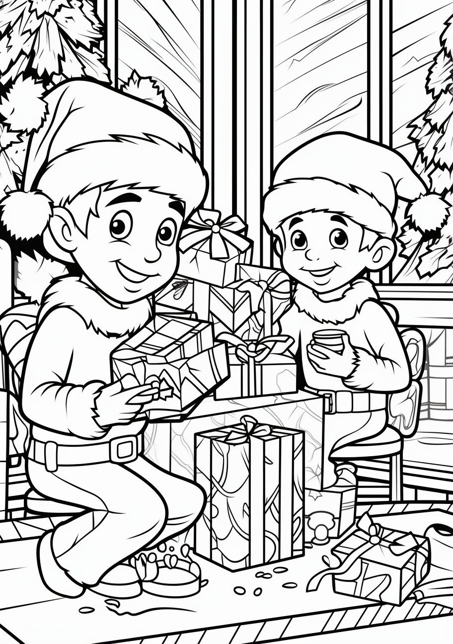 Portrait of smiling Santa Claus; bold, simple lines and details on Santa's clothing.