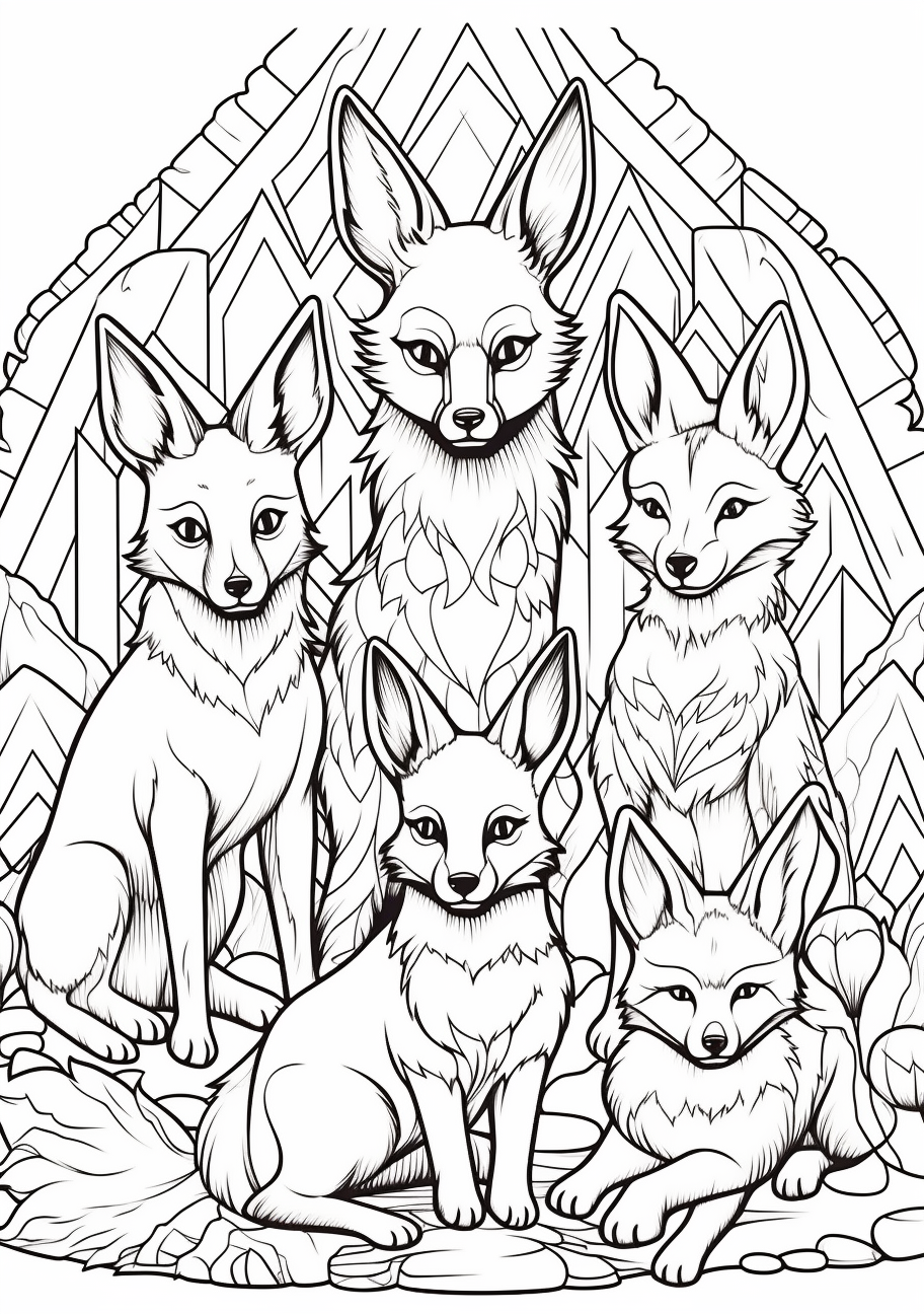 Happy gathering of Eevee’s evolved forms; bold, clear outlines. printable coloring page, black and white, free download