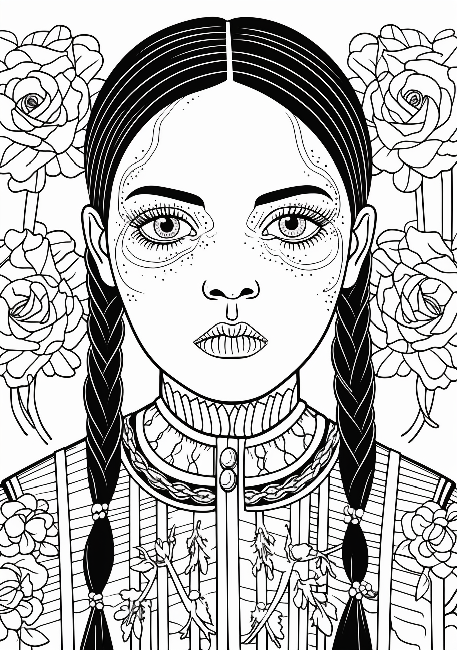 Detailed drawing of Wednesday Addams with a pensive look. printable coloring page, black and white, free download