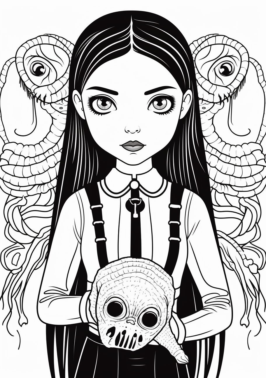 Image featuring Wednesday Addams and her pet; dynamic lines and moderate detailing. printable coloring page, black and white, free download