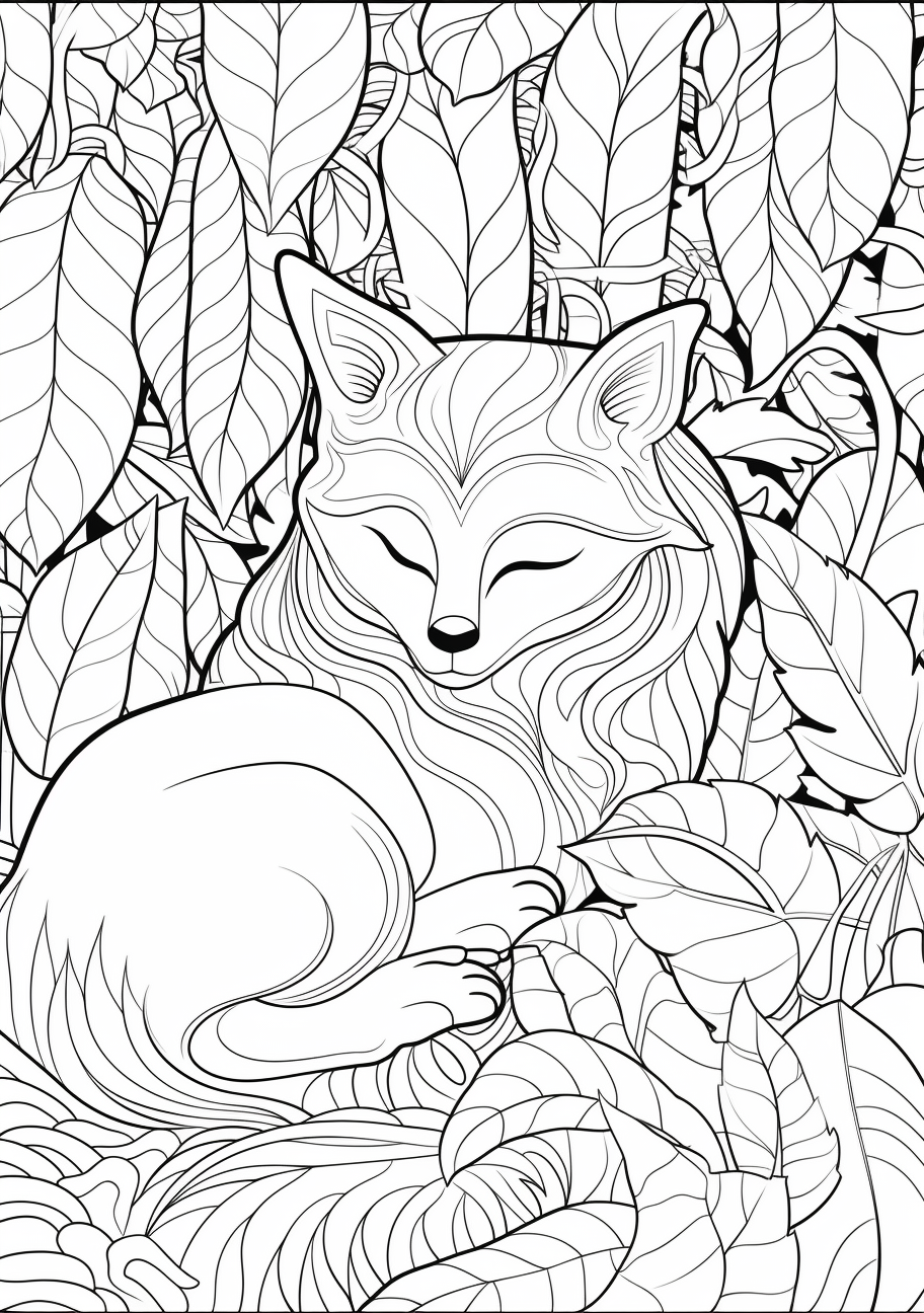 Sleeping fox image set in the calm forest; identifiable by simple geometric forms and detailed vegetation.printable coloring page, black and white, free download