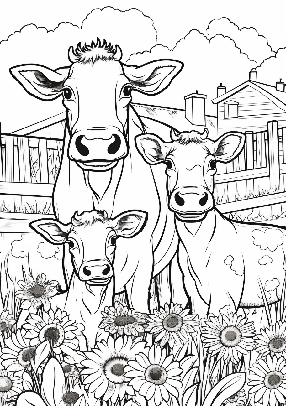 Scene featuring a cheerful cow family; moderate level of detail including facial expressions.printable coloring page, black and white, free download