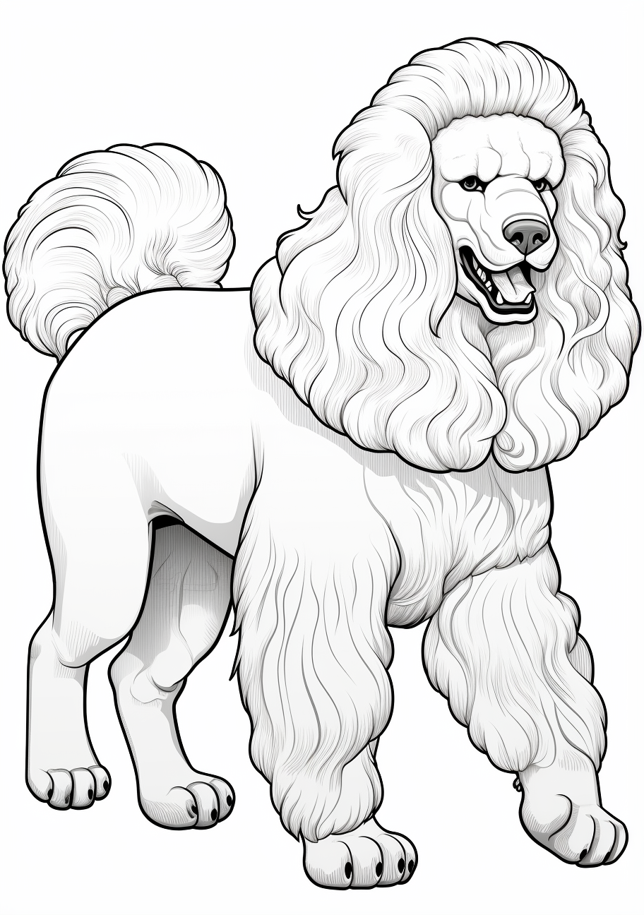 A Poodle represented realistically, showcasing details particularly in the hair printable coloring page, black and white, free download
