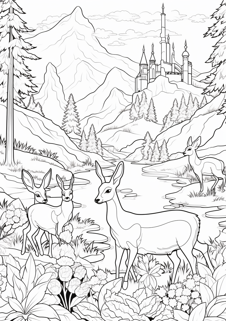 Eevee evolutions interacting with nature; clear outlines, detailed foliage and Pokemon. printable coloring page, black and white, free download