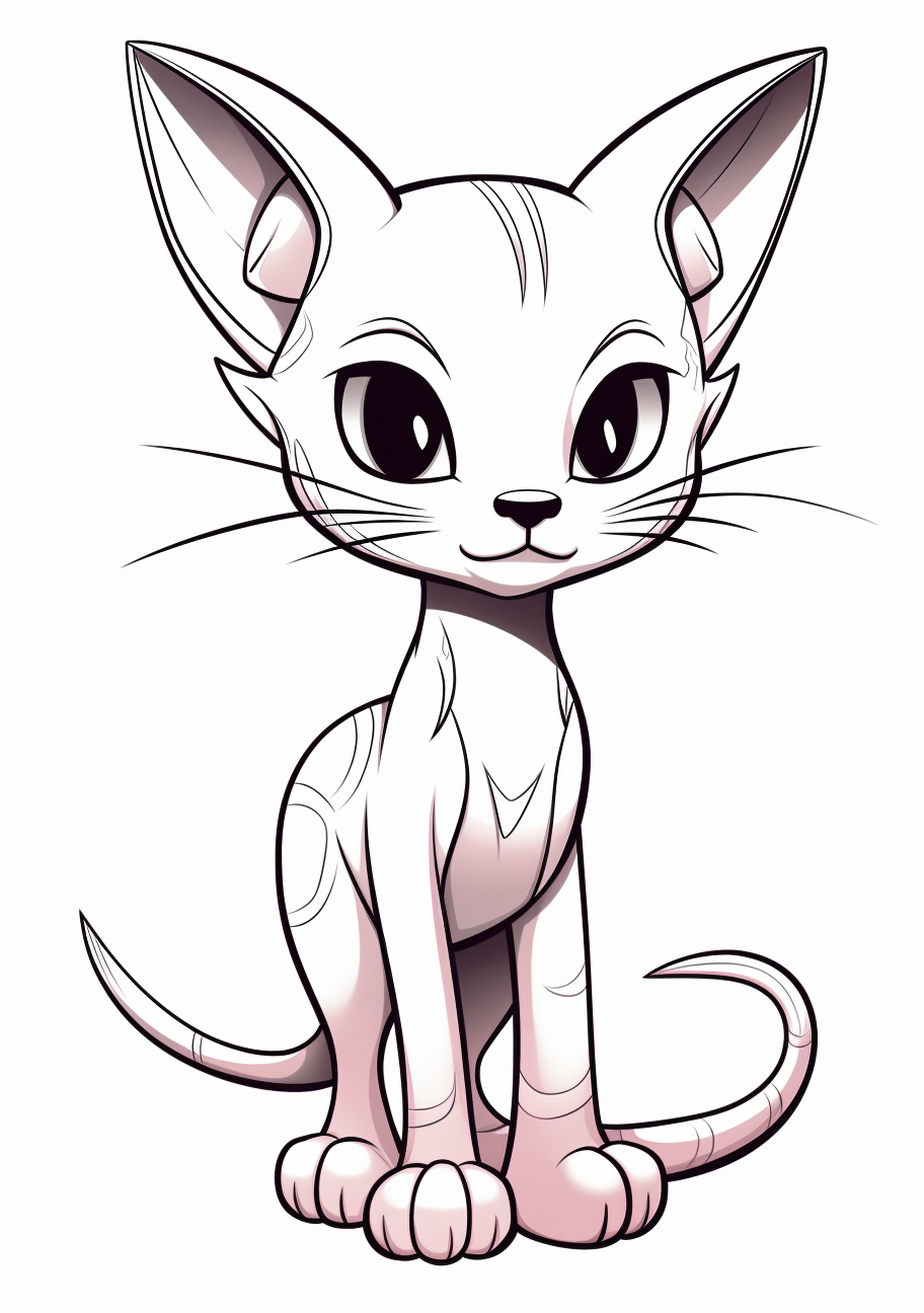 A well-honed drawing of Mew with precise outlines and detailed shading. printable coloring page, black and white, free download