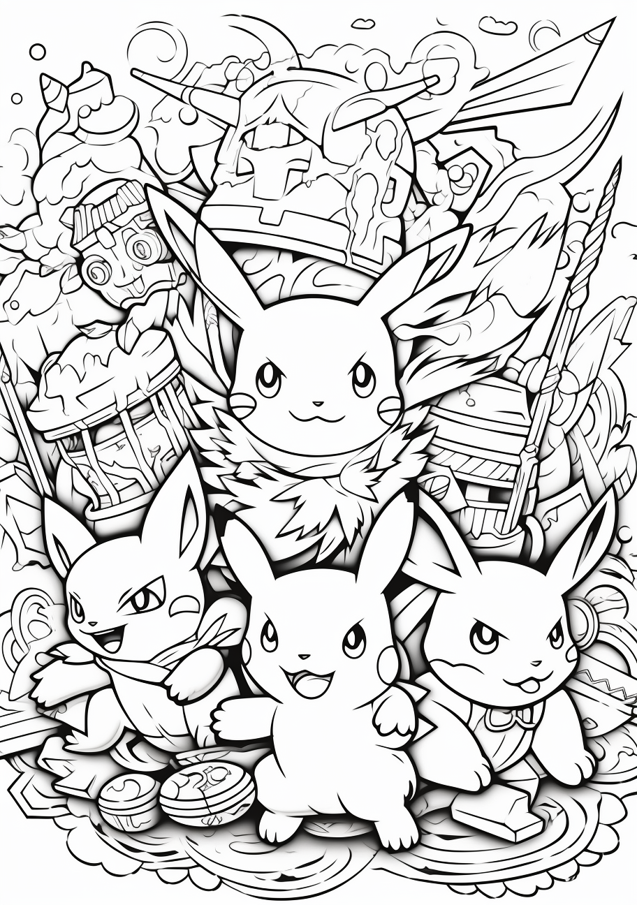 Pikachu with various Pokemon friends; expressive faces and dynamic poses. printable coloring page, black and white, free download