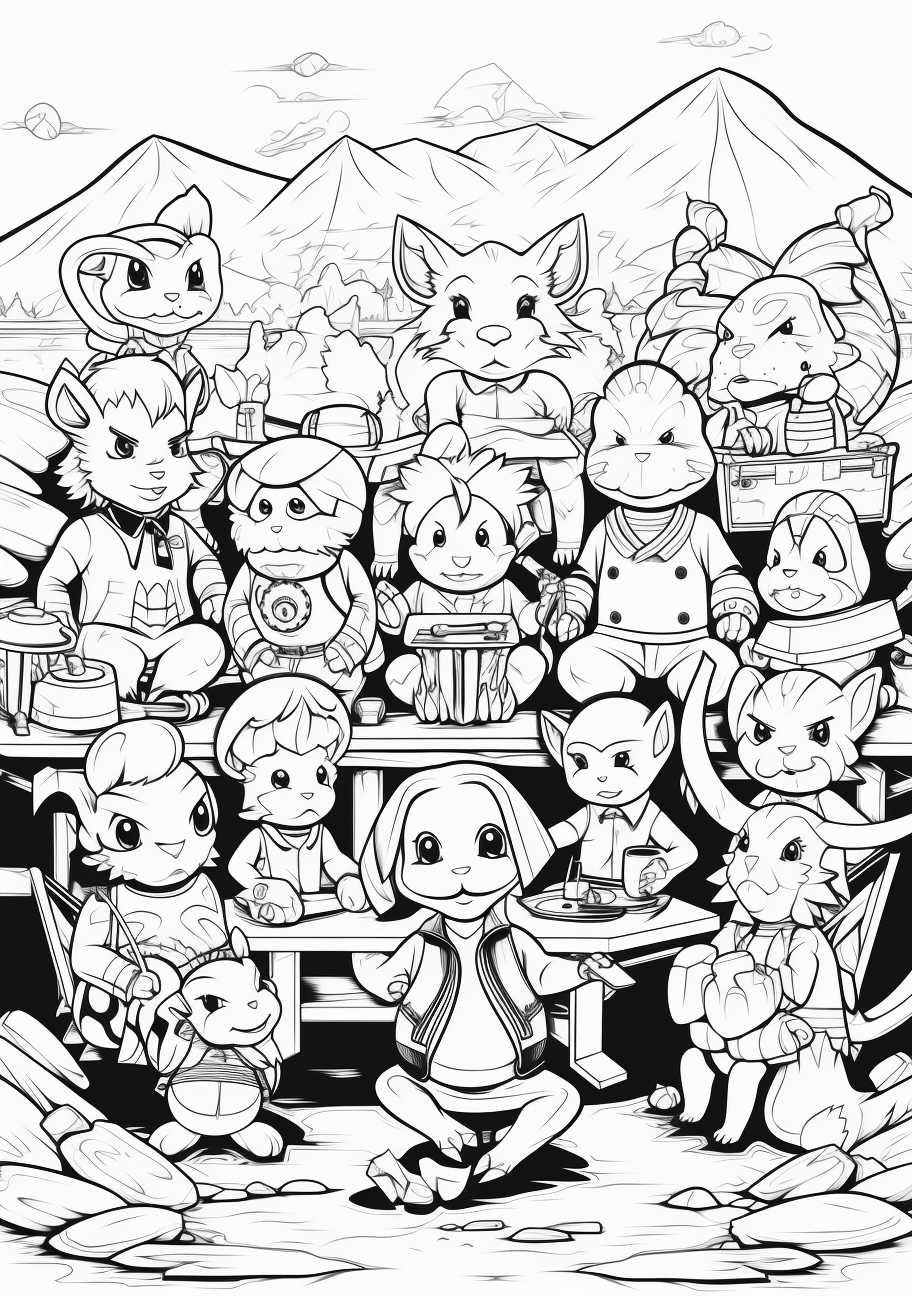 First Generation Pokemon in round, portrait-like sketches with strong, simple outlines. printable coloring page, black and white, free download