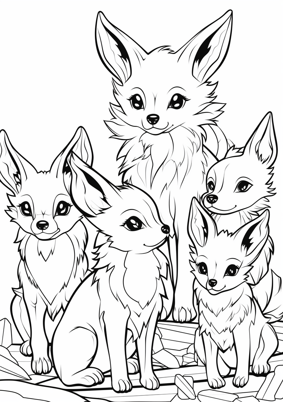 Playful representation of Eevee’s evolutions; graceful outlines. printable coloring page, black and white, free download